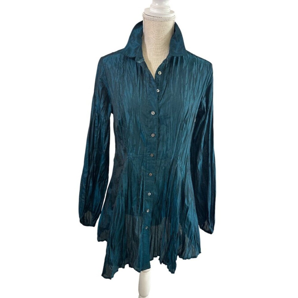 Cino Crinkle Shirt Tunic Iridescent Pleated Texture Royal Peacock Sz S